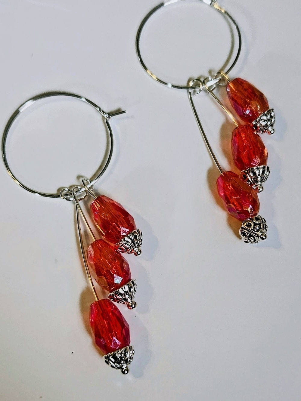 Red Crystal Bead Hoop Earrings - Unbranded